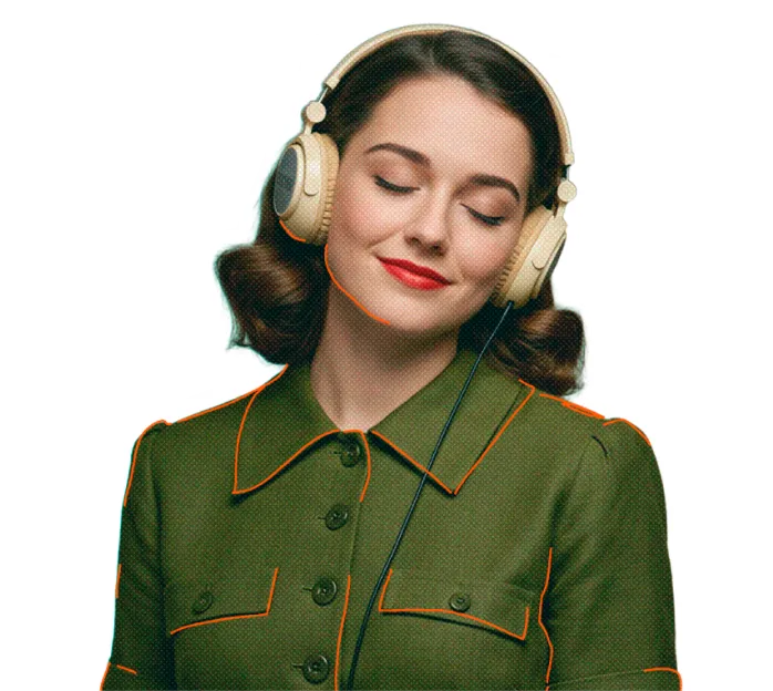 mulher com headphone, de olhos fechados e sorriso sutil